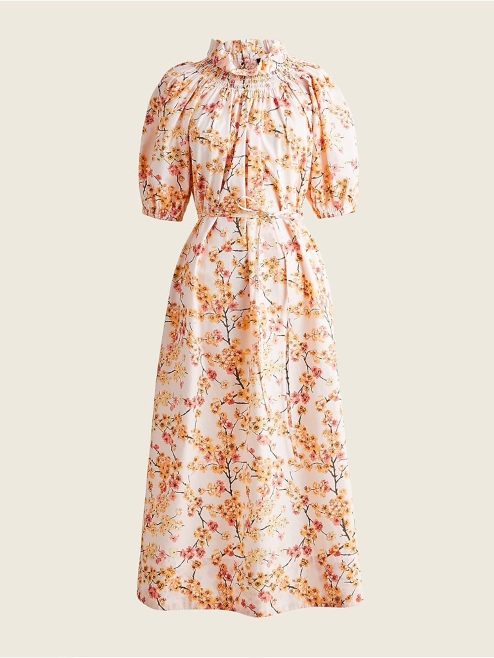 🌸 J.Crew Cherry Blossom Smocked Neck Puff Sleeve Dress XS Floral NO‎ BELT